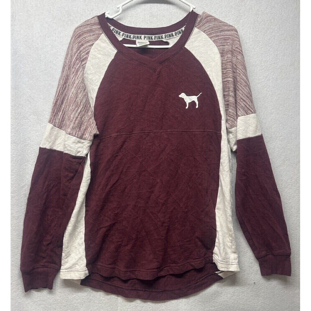 Pink Victorias Secret Womens Sweater Red Colorblock Logo Knit 86 Stretch Size S